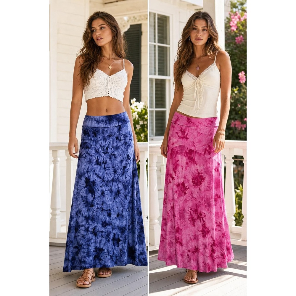 Y2K One World Maxi Skirt Women's M Lot Of 2 Tie Dye Fold Over Waist Boho Hippie